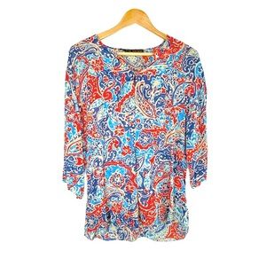 Zara Women’s Blue Red Stretchy Basic Small Multi Colored Paisley Print Blouse